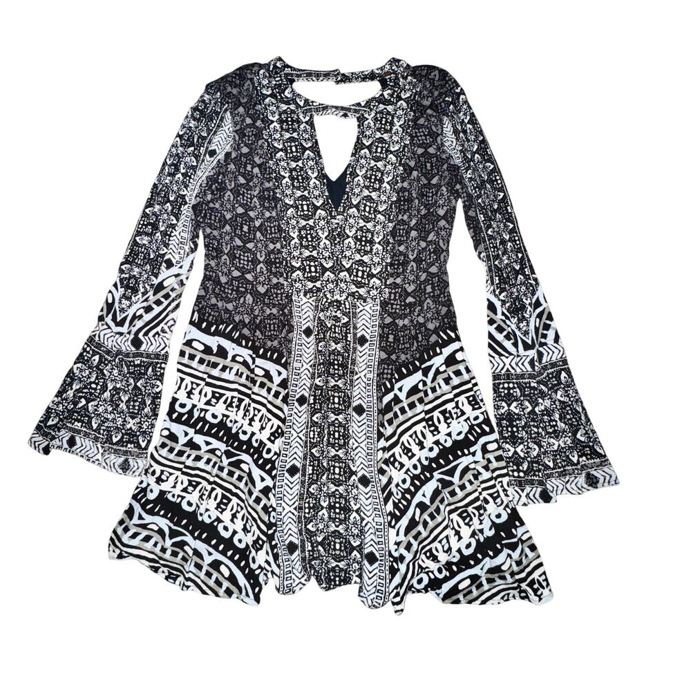 Free People Tegan Border Printed Mini Dress Womens Sz 10 Black White L/S Keyhole